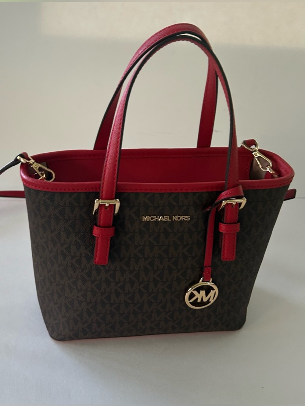 Michael Kors Jet Set Brown Red Signature Tote Crossbody Bag Gold Hardware logo - Picture 3 of 11